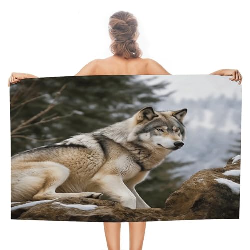 GHBNK Snow Mountain Wild Wolf Beach Towel for Adults Oversized 31"x51" Pool Towel Sand Free Beachtowel Quick Dry Bath Towels Lightweight Absorbent