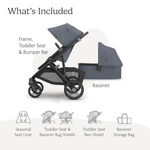 Image of UPPAbaby Vista V3 Stroller + Bassinet V3 - Convertible Single-to-Double Stroller System- Bassinet, Toddler Seat, Bug Shield, Rain Shield Included -Julian-Dusty Blue Melange | Carbon Frame