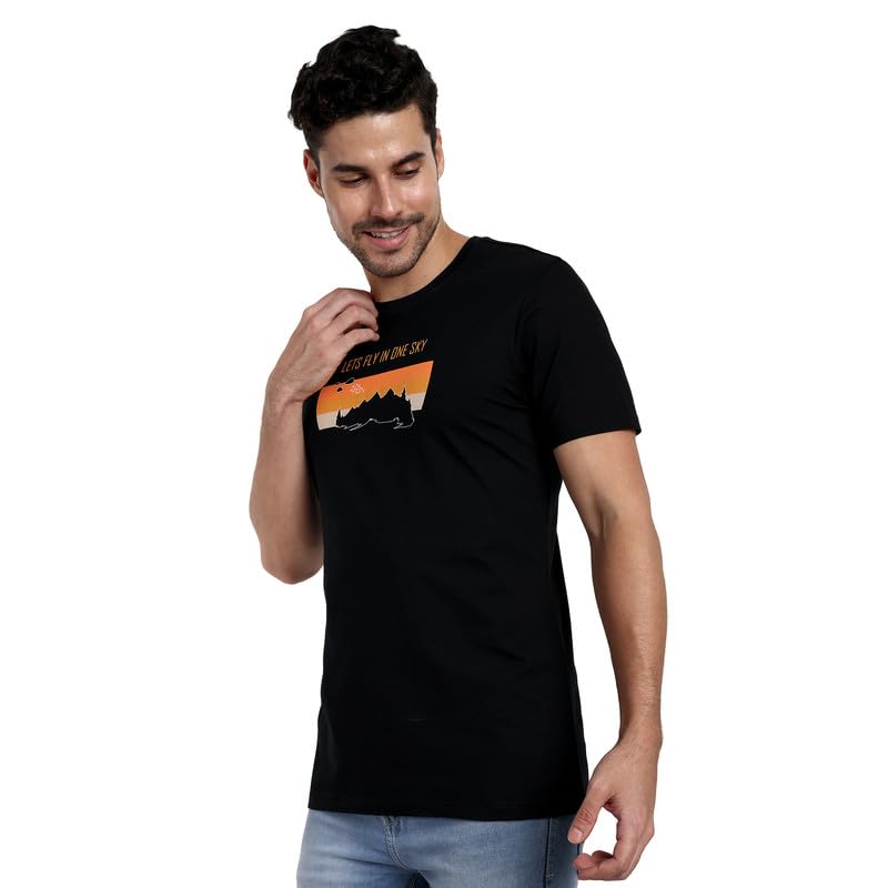 Image of ONE SKY Round Neck T Shirts for Men, Versatile Mens Wear, Mountain Print Round Neck Gents T-Shirt, Breathable, Pure Cotton Fabric, Relaxed Fit, Stylish & Durable, Easy to Care, Gift for Men