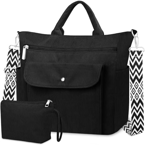 BTNEEU Sac Fourre-Tout Femme Grand en Velours Côtelé Sac a Main Femmes Bandouliere Ajustable Cabas avec Fermeture Éclair et Poches Sac Cabas Tote Bag pour...