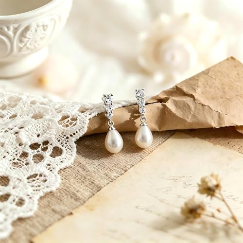 Pearl Earrings for Women, 14k Gold Plated Trendy Diamond Pearl Drop Earrings Hypoallergenic Dainty Bridal Gifts Wedding jewelry for Women by Punhem - Image 5