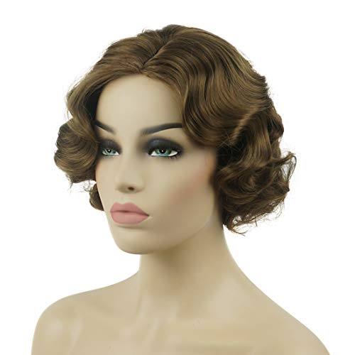 Lydell Vintage Cosplay Party Wig Short Finger Wavy Flapper Hairpiece +Free Wig Cap (Light Reddish Golden Brown) #TOP2