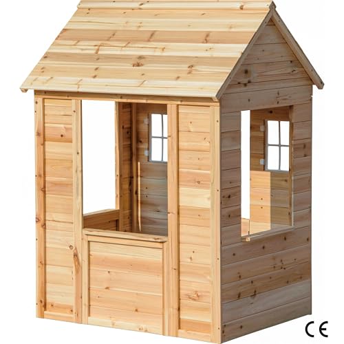 dobar® 94810FSCe Spielhaus mit Blumenkästen | Kinder Outdoorhaus 1,10 m Höhe | Gartenspielhaus aus Massiv-Holz | Wetterfestes Kinderhaus mit Fenster | 107 x 92 x 144,5 cm | Natur