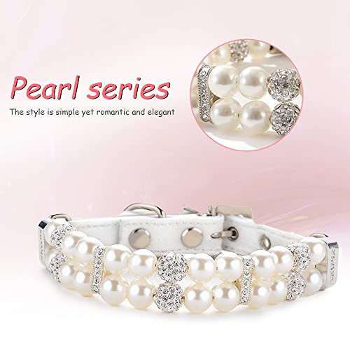 Image of HOWWFALY Dog Cat Pearl Collars with Crystal Rhinestone PU Leather Collars Necklace Adjustable CollarDog Chain Cat White Pearl Pet Collar(White, Large)