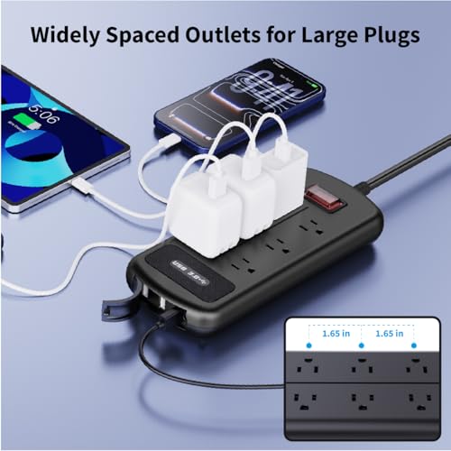 Protector eléctrico exterior resistente al agua IPX6, 6 tomas con 3 puertos USB, 1625W/13A, cable de extensión de 1.83 m, protección contra sobrecarga y choque eléctrico, montable en pared para hogar, oficina y exteriores. miniatura 5