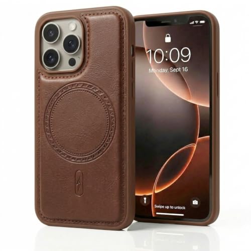 Image of amazon basics Premium PU Leather Case for iPhone 14 Pro, MagSafe Compatible Magnetic Ring, Sleek Protective Back Cover - [Brown]