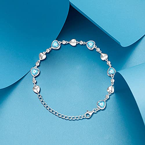Carleen March Birthstone Bracelet 925 Sterling Silver Created Aquamarine Bracelet For Women Heart Shape Station Tennis Bracelet Gemstone Jewelry For Girls Wife Mom #TOP4