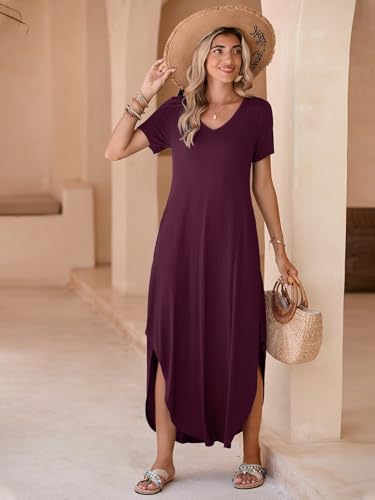 Image of BELAROI Plus Size Maxi Dress for Women Summer Casual V Neck Short Sleeve Long Dress with Pockets Beach Vacation Cover Up