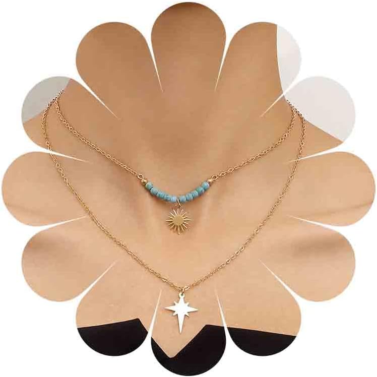 Andelaisi Boho Layered Sunburst Pendant Necklace Vintage Turquoise Bead Choker Necklace Gold Celestial Star Necklace Adjustable Sun Star Chain Necklace Jewelry for Women
