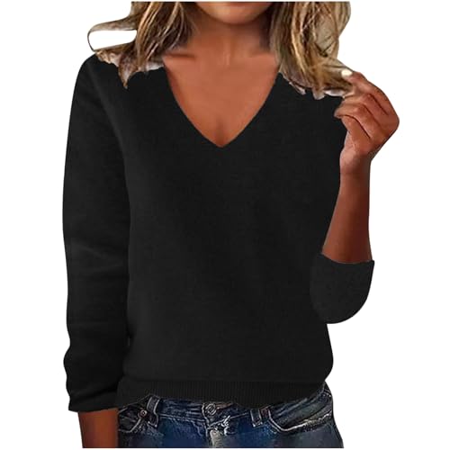 Image of Cashmere Sweaters for Women Plus Size Cozy Long Sleeve Pullover V Neck Soft Sweater Black