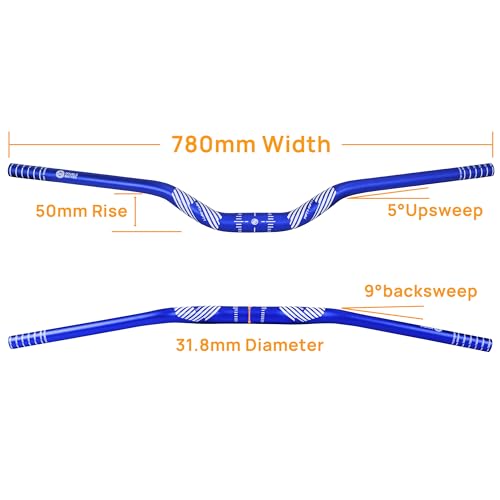 Image of FIFTY-FIFTY Mountain Bike Riser Handlebar, Aluminum Alloy MTB Handlebar, 31.8mm Diameter, 780mm Wide Bicycle Bar (Blue, 50mm Rise)
