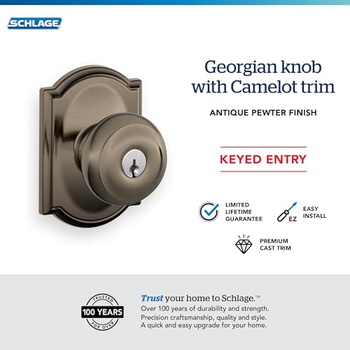 Image of SCHLAGE F51A GEO 620 CAM Georgian Knob with Camelot Trim Keyed Entry Lock, Antique Pewter