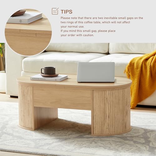 Image of QHITTY Fluted Coffee Table with Lifting Top, Oval Wood Lift Top Coffee Table with Hidden Compartment, Mid Century Pull up Center Tables for Living Room, Office - Natural
