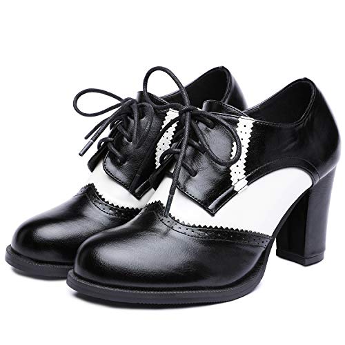 Odema Botas de cano curto femininas de salto alto Oxford com cadarço e ponta de asa, Black/White, 8.