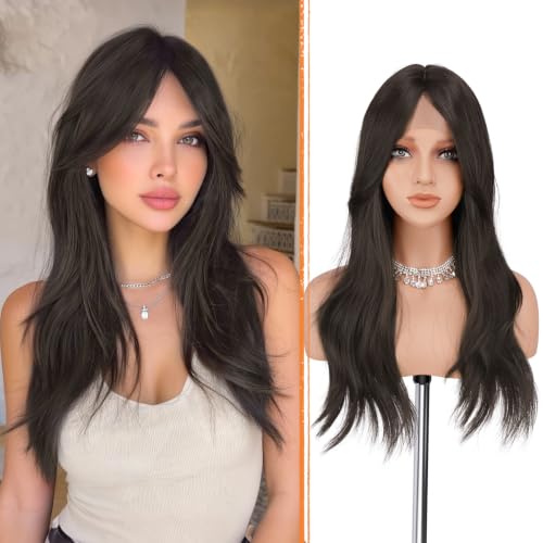 Haloo Brown Wigs with Curtain Bangs - Lace Front Hairline Middle Part Long Layered Natural Looking Wavy Hair Synthetic Women Wig for Daily Party, 22 Inch Dark Brown