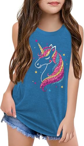 Image of Qbily Tank Tops for Girls Kids Summer Casual Cute Sleeveless Crewneck Graphic T Shirt 5-14 Years