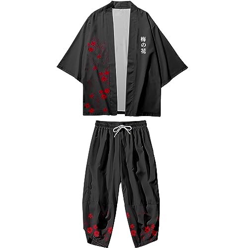 Image of DOSLAVIDA Men's Japanese Kimono Cardigan Suit Chinese Style Printed Jacket Pants Set Open Front Seven Sleeve Top & Shorts