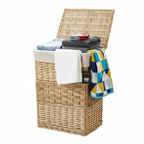 H-line Natural Wicker Laundry Basket With Lining & Lid Bathroom Washing Storage Hamper Bin (Medium)