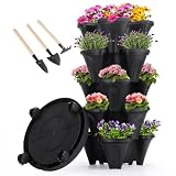 GameXcel Vertical Planter Tower - 5 Tier Stackable Garden Planters with Wheels and Tools Plant Pots for Strawberry Herb Flower and Vegetable Indoor Outdoor Use Black