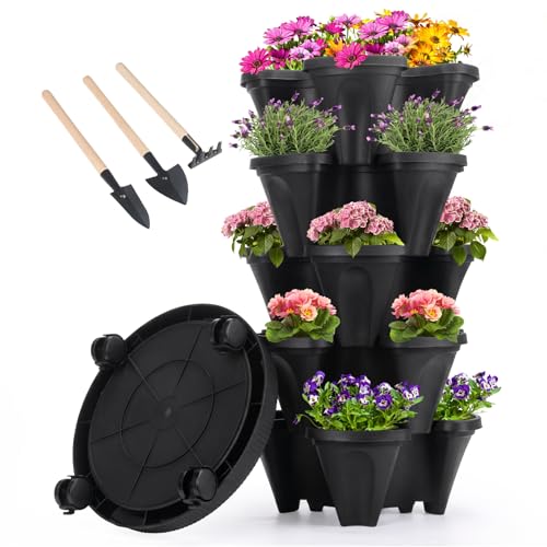 GameXcel Vertical Planter Tower - 5 Tier Stackable Garden Planters with Wheels and Tools Plant Pots for Strawberry Herb Flower and Vegetable Indoor Outdoor Use Black