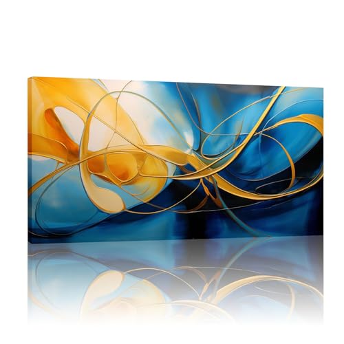 Art mural feuille d'or et marbre bleu, toile salon 60x120cm