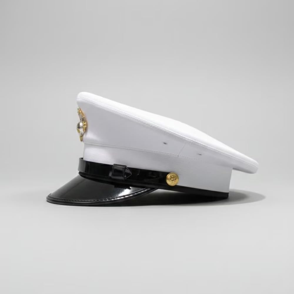 White Military Dress Cap for Men – Formal Ceremonial Uniform Hat with Gold Eagle Globe Anchor Emblem, Black Visor Officer Style Costume Cap for Cosplay, Parade, Reenactment