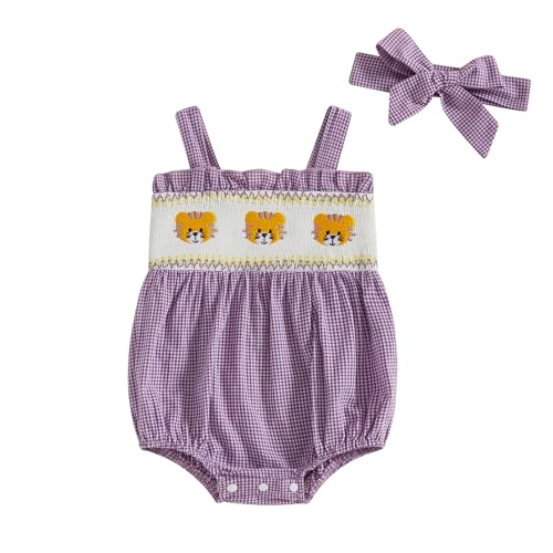 Image of Dcohmch Baby Girl Plaid Summer Romper Tiger Embroidered Smocked Sleeveless Bodysuit Cute Infant Clothes Football Outift