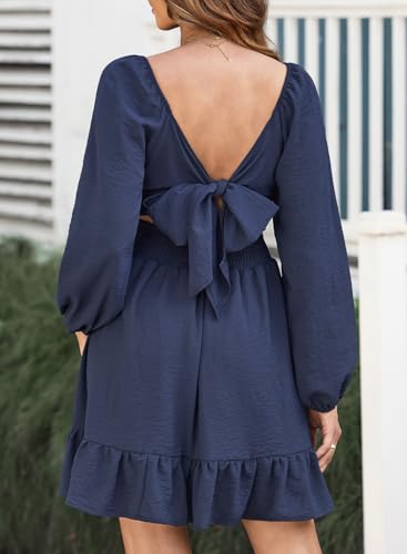 Image of Dokotoo Womens Dress Long Lantern Sleeve Square Neck Tie Backless Sexy Dress Ruffle Elastic Waist A-Line Mini Dress