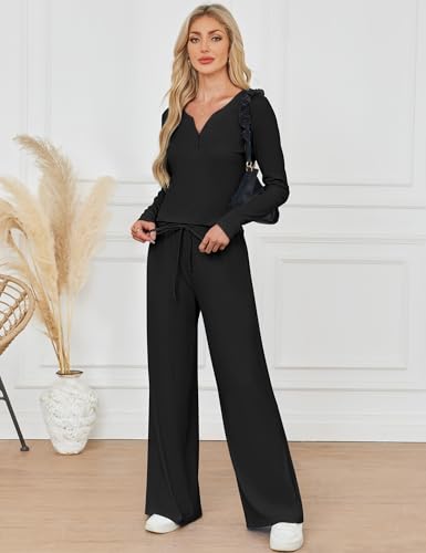 SHESHOW Lounge Sets for Women Button Down Long Sleeve Tops and Wide Leg Pants 2 Piece Sweatsuits Set Loungewear S-XXL4