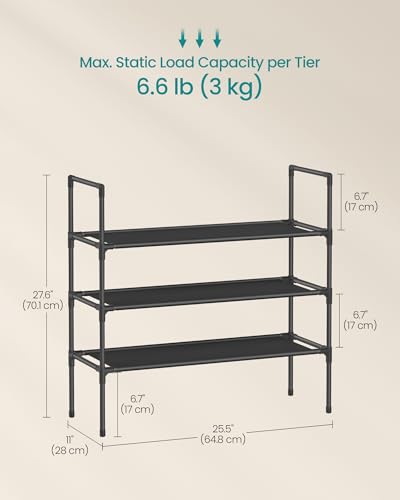 SONGMICS 3-Tier Shoe Rack, Shoe Storage for Hallway Closet, Slim and Space-Saving, Metal Frame, Non-Woven Fabric Shelves, Black ULSH043BH01