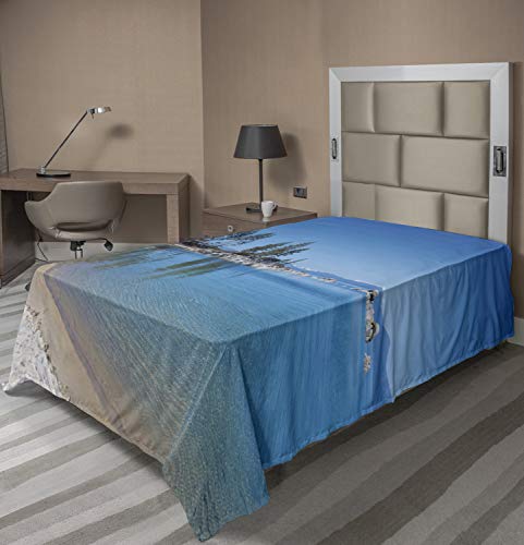 Ambesonne Lake Tahoe Flat Sheet, Clear Water in Shore of Lake Tahoe Idyllic Calming Scene, Soft Comfortable Top Sheet Decorative Bedding 1 Piece, TwinXL Size, Forest Green Azure Blue