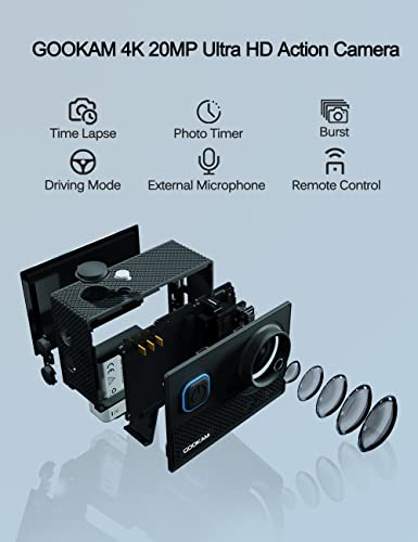 GOOKAM 4K 20MP Action Camera EIS WiFi Waterproof Sport Camera 40M Underwater 170° Wide Angle Video Camera with Remote Control External Mic 2x1200mA Batteries and Accessories - Image 2