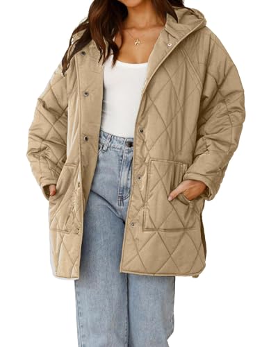 WHN Long Jackets for Women Fashion Hooded Oversize Coat Button-Down Diamond Quilted Lightweight Jackets(Khaki,S)