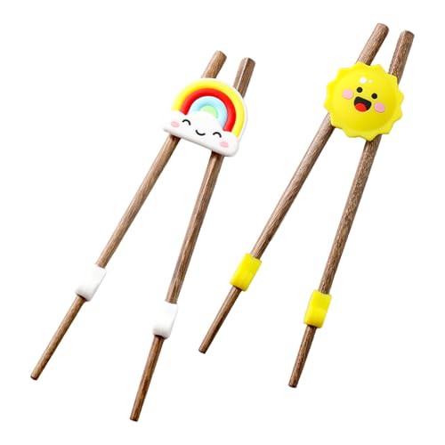 2 Pairs Chopsticks Wooden Training Chopsticks for Beginners Easy to Use Reusable Chopstick Helper Right or Left Hand Heat-Resistant Automatic Rebound Yellow Sun Clouds