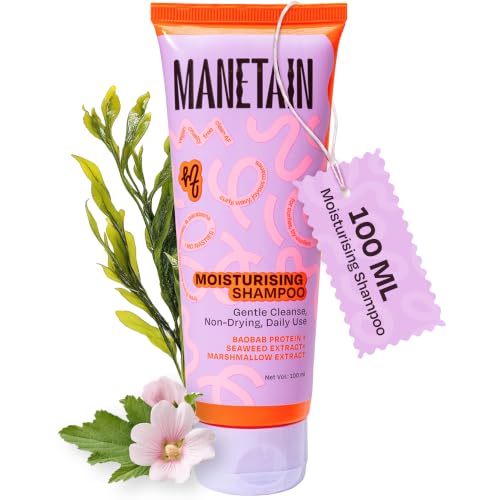 Image of MANETAIN Moisturising Shampoo 100ml for Curly, Dry & Frizzy Hair | Sulphate & Paraben Free | Hydrates & Strengthens with Baobab Protein, Seaweed & Marshmallow Extract | CG-Friendly, Gentle Cleanser for Soft, Defined Curls