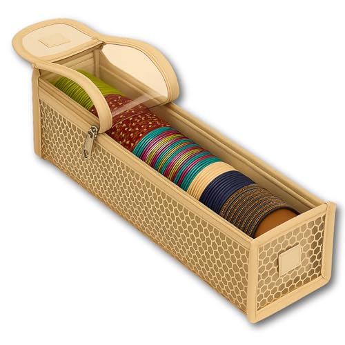 Image of Single Rod Bangle Box for Women | Removable Hardboard Chudi Organizer with Transparent Lid | Jewellery & Watch Storage Case for Home, Wedding & Travel | (Set of 1) (Beige)