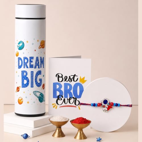 Image of To The Nines Rakhi Gift Set for Brother - Rakhi with Bottle, Tilak Material & Greeting Card