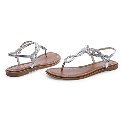 Centropoint Women's Braided T-Strap Thong Slip On Flat Sandals With Elastic Brand Roman Gladiator Fashion Flip Flop Shoes(Silver Pu, Numeric_8) #TOP6