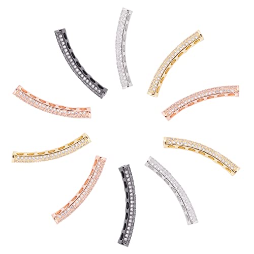 Nbeads 10Pcs Brass Micro Pave Cubic Zirconia Mixed Color Tube Beads Cz Curved Tube Charm Beads Bracelet Necklace Findings For Jewelry Making, 32.5X6.5X5Mm, Hole: 2Mm #TOP29
