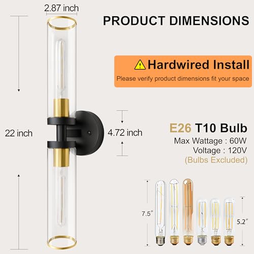 Image of Bathroom Vanity Lights 2 Pack Hardwired Black and Gold Wall Sconces