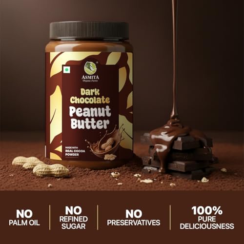 Image of Asmita Organic Farms Dark Chocolate Peanut Butter 900g | Smooth & Creamy Peanut Butter | High Protein Spread | No Refined Sugar | Cholesterol & Trans Fat Free | Healthy Spread for Breakfast & Snacks