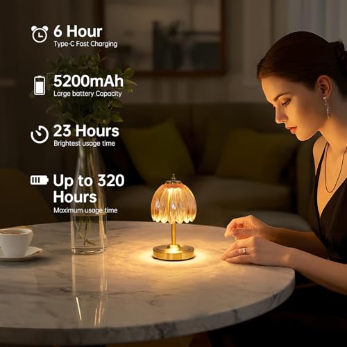 Image of Shenmoyl Set of 2 Tulip Table Lamp with 5200mAh Battery & Touch Control, Cordless Small Table Lamp with 3 Colors, Rechargeable Battery Operated Table Lamps for Nightstand, Bedroom (Amber Tulip)
