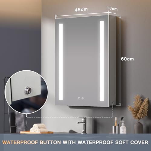Dripex Bathroom Mirror Cabinet with LED Lights, 450 * 600mm Illuminated LED Bathroom Mirror Cabinet with Shaver Socket Dimmable Switch 3 Colors and Demister Pad, Grey - Cosy Home Interiors Dripex Bathroom Mirror Cabinet with LED Lights, 450 * 600mm Illuminated LED Bathroom Mirror Cabinet with Shaver Socket Dimmable Switch 3 Colors and Demister Pad, Grey - Image 2