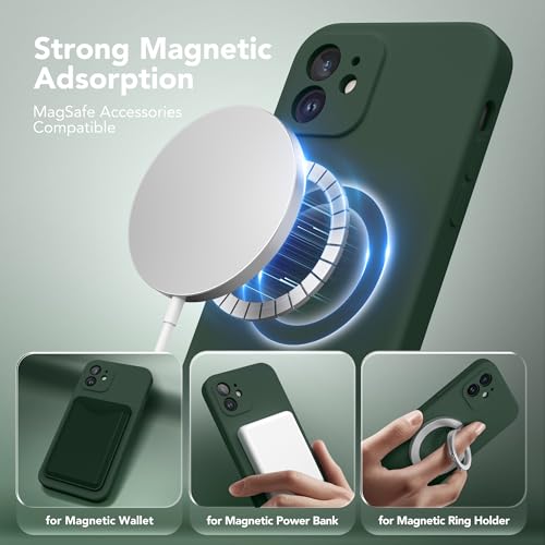 Image of Magnetic for iPhone 12 Case, Compatible with MagSafe, [Full Camera Protection][Screen Protector] Silicone Shockproof Protective Phone Case for iPhone 12 6.1 inch, Alpine Green