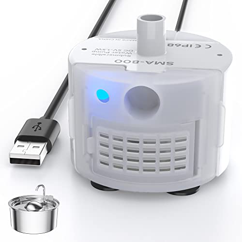 Pump for Cat Water Fountain, QIUOIO Water Pump for Stainless Steel Cat Fountains, Extremely Quiet (≤30dB), Low Power Consumption (1.5W), Built-in LED Light, Suitable for S3