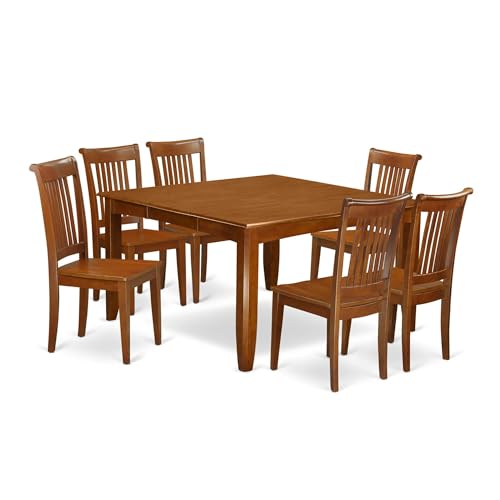 East West Furniture PFPO9-SBR-W 9 Piece Dining Room Table Set Includes a Square Kitchen Table with Butterfly Leaf and 8 Dining Chairs, 54x54 Inch, Saddle Brown