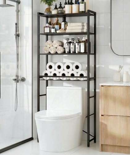4-Tier Over-the-Toilet Storage Rack with One-Piece Wooden Shelves & Open Net Basket, Bathroom Organizer with Adjustable Feet & Anti-Tip Kit, Space-Saving Toilet Shelf, Black, 24.4" x 9.4" x 69.3"