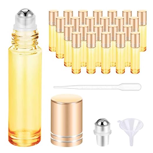 PrettyCare 10 ml Roller Bottles for Essential Oils (Golden Glass, 24 Pack, 4 Extra Roller Balls, 48 Labels, Opener, 2 Funnels, 2 Droppers Essential Oil Roller Bottles for body oil perfume