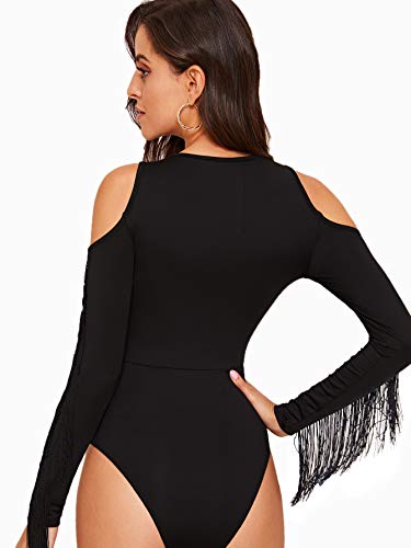 Sweatyrocks Women's Cold Shoulder Fringe Long Sleeve Sheer Mesh Jumpsuit Bodysuit Black Xl #TOP1