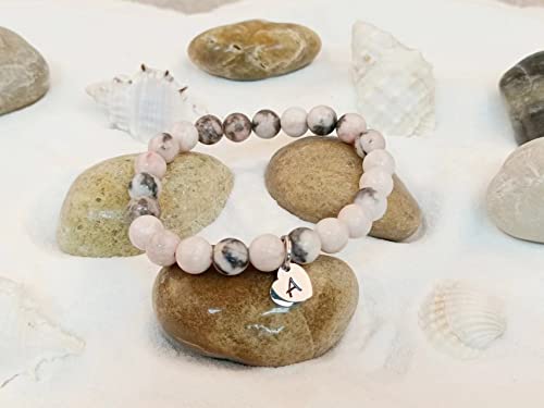 Image of Handmade Alphabet Letters Love Heart Charm Pendant Healing Natural Gemstones 8mm Rose Pink Zebra Jasper Beads Stretched Beaded Bracelet,Anxiety Pain Stress Strain Fear Relief Beading Bracelets,Love Gift for Mother Grandmother Daughter Wife . (Z)